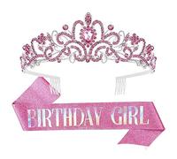 SHINROAD Rhinestone flor corona cinturón mujeres tiara set 2 unids/set coronas de cumpleaños brillantes niñas princesa con peines fiesta rosa, Aleación, diamantes de imitación, Piedra secundaria