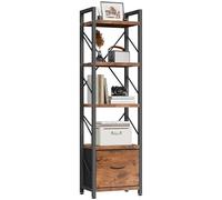 Shintenchi Estantería para libros, estantería de 5 niveles con cajón, estantería estrecha industrial abierta, estantería de madera independiente, organizador de almacenamiento, marrón rústico