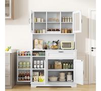 Shintenchi Gabinete de almacenamiento de despensa de cocina, gabinete de buffet independiente con soporte para microondas y estantes de 4 puertas, cabaña de cocina con puertas, estantes ajustables y