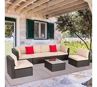 Shintenchi Juego de 7 muebles de patio para exteriores, todo tipo de clima, juego de sofá seccional de ratán de polietileno tejido manual, juego de conversación de patio con mesa de vidrio, cojín