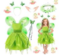 Shinybox Disfraz Campanilla para Niña, 6 Piezas Disfraz de Vestido de Campanilla con Alas de Mariposa Varita Mágica Banda de Pelo Orejas de Elfo y Guirnaldas para Carnaval Halloween Cosplay