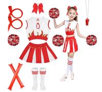 Shinybox Disfraz de Animadora para Niños, Disfraz Cheerleader Niña con Pompones, Calcetines, Silbatos, Palos de Animación Inflables, Tocado Bowknot y Pelucas, Vestido de Animadora para Carnaval