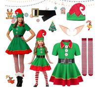 Shinybox Disfraz de Duende Navidad - 5 Piezas con Falda, Cinturón, Sombrero, Medias y Orejas de Elfo - Traje Navideño para Carnaval y Niña