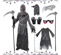 Shinybox Disfraz de Sensenmann, Traje de Disfraces Grim Reaper de Halloween con Guadaña de la Muerte, Cadena en la Cintura, Capucha, Guantes Gafas Brillantes y Máscara para Cosplay, Carnaval(L)