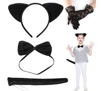 Shinybox Kit Disfraz de Gato, Juego de 4 Orejas de Gato, Cola, Pajarita, Guantes de Encaje Negro, Accesorios para Fiestas Temáticas para Halloween, Carnaval