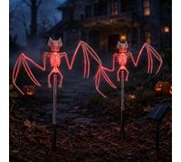 Shinybox Luces Halloween Exterior, 2 Piezas Luces Murciélago Calavera Solar LED con 8 Modos de Iluminación, Impermeable Solar Patio Decoración Luces de Halloween(Murciélago - Rojo)