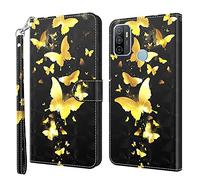 ShinyCase Brillante 3D Tapa PU Piel Funda para OPPO A53/A53S/A32/A33 2020 Libro Caso Protector Plegable magnética Estuches Folio Diseño Mariposa Dorada Billetera Funda para OPPO A53/A53S/A32/A33 2020
