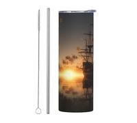 Ship in The Lake Sunset - Vaso con tapas y popote, botella de agua de doble pared al vacío de 20 onzas, taza de café aislada de acero inoxidable, taza de café a prueba de fugas, taza térmica de viaje