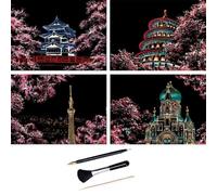 ShipeeKin 4 imágenes para rascar, 290 x 210 mm, lugares de interés mundialmente famosos con flores de cerezo, papel de rascar recubierto de colores con juego de herramientas