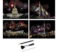 ShipeeKin 4 imágenes para rascar, 290 x 210 mm, lugares de interés mundialmente famosos con fuegos artificiales, papel de rascar recubierto de colores con juego de herramientas