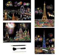 ShipeeKin Juego de 4 imágenes para rascar, 290 x 210 mm, papel de rascar con revestimiento de colores (Fireworks City)