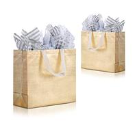 SHIPKEY Pack de 4 bolsas de regalo doradas con papel de seda, 32x12x28 cm, bolsas de regalo reutilizables, bolsas grandes de compra para damas de honor, hombres y mujeres