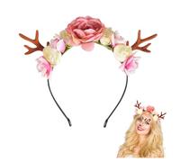 Shirene Diadema con Cuernos de Ciervo y Flores,Diadema de Navidad con Flores,Diadema de Cuernos de Reno de Navidad,Diadema de Reno,Cuernos de Ciervo,Disfraz de Navidad, Accesorio de Cabello