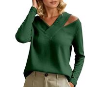Shirts Damen Stylish V-Neck Off-the-Shoulder Top Elegant Off the Shoulder Blouse Casual Long Sleeve Loose Fit Tee Urban Expedition Streetwear, O Verde, L