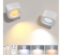 shirylzee Lámpara de pared LED para interiores, 2 unidades, con batería, con mando a distancia, lámpara de lectura inalámbrica, 3 modos de color, regulable, lámpara de mesita de noche, giratorio 360°