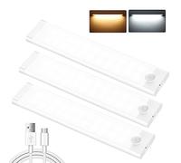 Shirylzee Luz LED Armario Con Sensor de Movimiento 44 LEDs 3 Modos Adhesiva USB Recargable 2000mAh Para Gabinete, Cocina, Escalera, Pasillo, Garaje - 3 Piezas