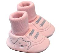 SHITOOMFE Zapatos tipo calcetín para bebé, zapatos de invierno para bebés de 0 a 6 meses, lindo calcetín de felpa con osito, antideslizantes, unisex, botas cómodas y cálidas, suela suave de 11 cm