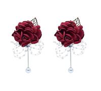 Shiwaki 2 Piezas Suministros de Boda decoración ni?a Dama de Honor Flor en el Ojal Fiesta de graduación Flor en el Ojal Regalo de decoración de Boda (Rojo Vino)