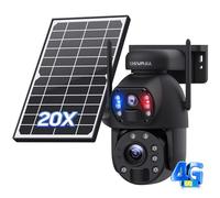 SHIWOJIA 20X Zoom 4G Cámara de Exterior, 360° PTZ Cámara SIM Solar con Doble Lente, Batería Recargable, Visión Nocturna a Color, PIR Detección Inteligente
