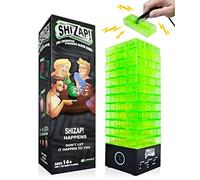 ShiZap! - Juego de bloques apilables de choque eléctrico iluminado, bloques de torre de caída de plástico, pinzas impactantes, base LED que reproduce música de suspenso, juegos de fiesta divertidos