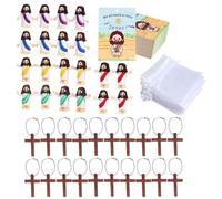 Shntig Juego de figuras bíblicas en miniatura con cruces de madera, tarjetas de oración, 20 juegos de ayuda de enseñanza para niños, manualidades religiosas, figuras de educación religiosa