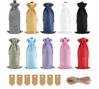 Shntig Paquete de 10 bolsas de lino para champán, elegantes fundas para botellas con cordón, decoración de vacaciones, bolsa de vino al aire libre