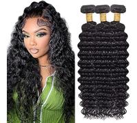 Shoaiye Extensiones de cabello humano de onda profunda, mechones de pelo humano sin procesar, extensiones de pelo Remy real, doble trama humana, tejido natural negro, 66 cm, 71 cm