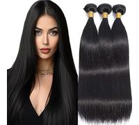 Shoaiye Extensiones de cabello humano recto de pelo humano sin procesar, extensiones Remy sin procesar, doble trama humana, color #1B, negro natural, 20, 22, 24 pulgadas