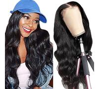 Shoaiye Peluca de pelo humano con encaje frontal de 13 x 4 para mujer, Body Wave Human, Wig Wear and Go Glueless Remy Pre Plucked Natural Hairline 150% Density #1B, color negro natural para mujer de