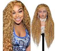 Shoaiye Peluca de pelo humano con encaje frontal de 13 x 6 cm, para mujer, ondulado de agua, pelo humano, sin pegamento, Remy Pre Plucked Natural Hairline 150% Density Honey Blonde Color para Mujer 24