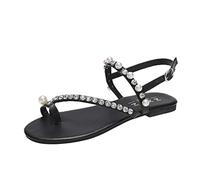 SHOBDW Chanclas Mujer Sandalias Verano Planas Con Cierre De Cuero Y Punta Decorativa Perlas Para Women Sandals Summer Zapatos Primavera Hawaianas Playa Vestir Piscina Comodas Barefoot Talla 35 Negro