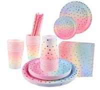 Shodiffy Vajilla de Fiesta, 150 Piezas Platos y Vasos para Cumpleaños, Reutilizable Platos de Papel Servilletas de Vasos Pajitas para Fiestas, Bodas, Aniversarios para 25 Invitados