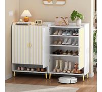Shoe Cabinet 4-Tier Set of 2, Modern Shoe Rack Shoe Cupboard 2 Doors Adjustable Shelves, Wooden Shelf Organizer Hallway, White & Gold blanco/oro