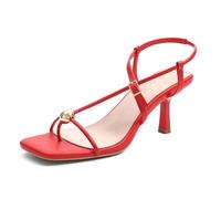 Shoe'N Tale Sandalias de tacón tipo gatito para mujer, cuadradas, puntera abierta, con tiras al tobillo, para fiesta, para vestir, Rojo, 39 EU