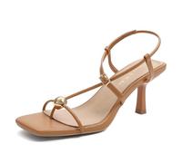 Shoe'N Tale Sandalias de tacón tipo gatito para mujer, cuadradas, puntera abierta, con tiras al tobillo, para fiesta, para vestir, Marrón claro, 38.5 EU