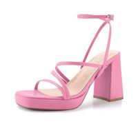 Shoe'N Tale Tacones de plataforma para mujer, con tiras y tacón grueso, puntera cuadrada, sandalias con hebilla al tobillo, Rosado, 37 EU