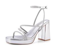 Shoe'N Tale Tacones de plataforma para mujer, con tiras y tacón grueso, puntera cuadrada, sandalias con hebilla al tobillo, Piedrería plateada, 37 EU