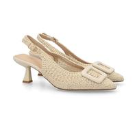 shoes&blues.es 102549 Zapato Destalonado de Mujer con Diseno Elegante, Acabado con Textura Trenzada, Detalle Decorativo Frontal, Tacon Medio, Plantilla Acolchada Muy Comoda. Beige Talla 36
