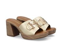 shoes&blues.es 102752 Sandalia de Mujer con Tacon Ancho Comodo, Suela Tipo Madera con Plantilla Acolchada y Ligera, sin Cierre, Adorno metalico en la Pala. Diseno de Zueco Ideal Verano. Oro Talla 40