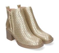shoes&blues.es 83810 Botines de Mujer Primavera Verano Elegantes y Comodos con Tacon Ancho, Diseno Perforado con Doble Cremallera Lateral con Fleco, Ideal para Cualquier Ocasion. Oro Talla 37