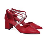 shoes&blues.es 88908 Sandalia de Tacon para Mujer, Comodas y Elegantes, Diseno Moderno con Tiras Brillantes, Puntera Fina y Cierre de Hebilla. Ideales para Eventos. Rojo Talla 38