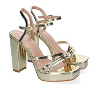 shoes&blues.es 89707 Sandalia de Tacon para Mujer, Diseno Moderno y Elegante, con Tiras Cruzadas en la Pala, Ideales para Eventos y Cierre de Hebilla. Oro Talla 36