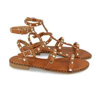 shoes&blues.es Sandalia Plana para Mujer, Comodas, Estilo Cangrejera, con Tachuelas, y Cierre de Hebilla en el Tobillo, Primavera Verano 2021. Talla 36 Camel