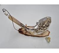 Shofar Ram - Aceite de unción de 14 pulgadas, chapado en plata, cuerno de carneros, león de Judah, chofar, soporte de madera + aceite