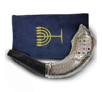Shofart Israel - Cuerno de carnero shofar kosher de Tierra Santa, chapado en plata, 12 tribus + bolsa gratis