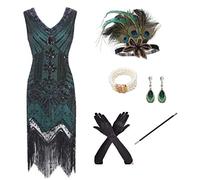 shoperama Disfraz de Charleston Flapper de los años 20 para mujer, vestido de lentejuelas verde/negro con flecos y 5 piezas, juego de accesorios de pavo real, talla: L