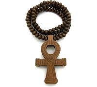 ShopHaven Collar Ankh de cruz egipcia, collar con colgante Ankh de madera natural, collar africano, accesorio afrocéntrico, collar de cadena de cuentas de madera, L, Madera, No es una piedra preciosa