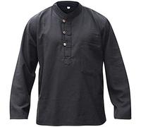SHOPOHOLIC FASHION Camisas Estilo Abuelo Hippie Ligeras de Tela de Cáñamo Lisa para Hombre (Negro, L)