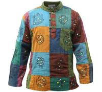 SHOPOHOLIC FASHION Hecha Mano Festival Manga Larga Hippie Lavada Piedra Patchwork Raya Camisa Abuelo pour Hombre, 4XL