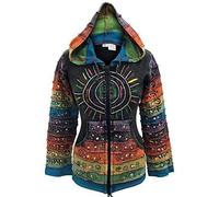 SHOPOHOLIC FASHION Lavado Ácido Multicolor Patchwork Sudadera con Capucha, Arcoiris Rayas Manga Hippy Chaqueta,Boho - Negro, Small